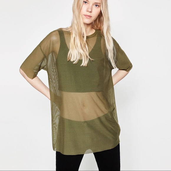 Zara Tops - Zara khaki tulle t shirt -- small